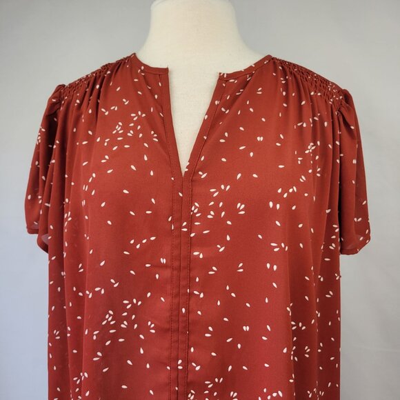 Monday Fun SS Split Neck Blouse With White Ditzy Speckle Print Rust Size 2X - Picture 2 of 12